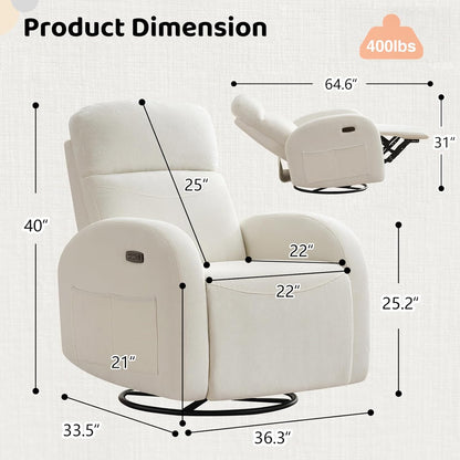 Nursery Glider Recliner, Power Swivel Rocking Recliner with USB & Type-C Port, Swivel Nursering Reclining Rocker with Double Pockets for Living Room, Camel Chenille