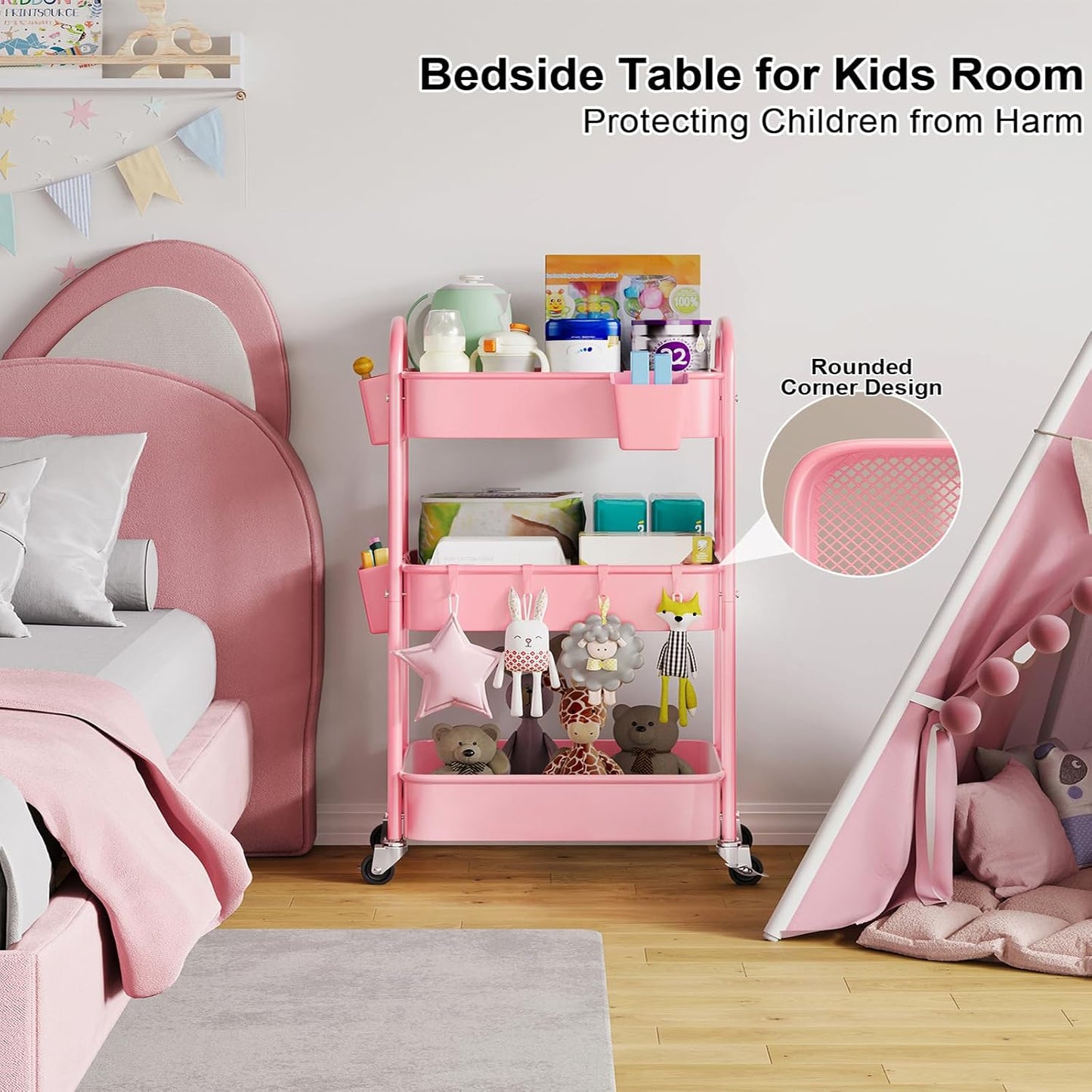 Beige 3 Tier Rolling Cart Metal on Wheels, Three Tiered Storage Organizer Utility Trolley with Wheels for Art, Craft, Baby Diaper Caddy, Snack, Book, Nail, Lash, Cleaning Supplies, Kitchen, Bathroom