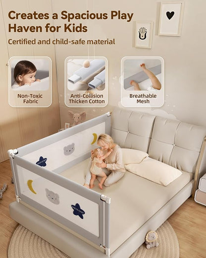 2 Piece Full Size Bed Rails for Toddlers, No-Drill Needed Baby Bed Rail Guard with Height Adjustable, Thickened Child Safety Side Railing Guards/Bedrail for Kids,Grey Star Design, 54x74.8Inches