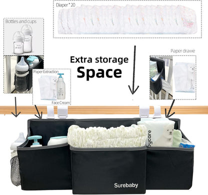 Hanging Baby Diaper Caddy, 3-in-1 Diaper Caddy Organizer Holder For Baby Crib, Nursery Organization Diaper Stacker Storage For Crib, Changing Table-Grey