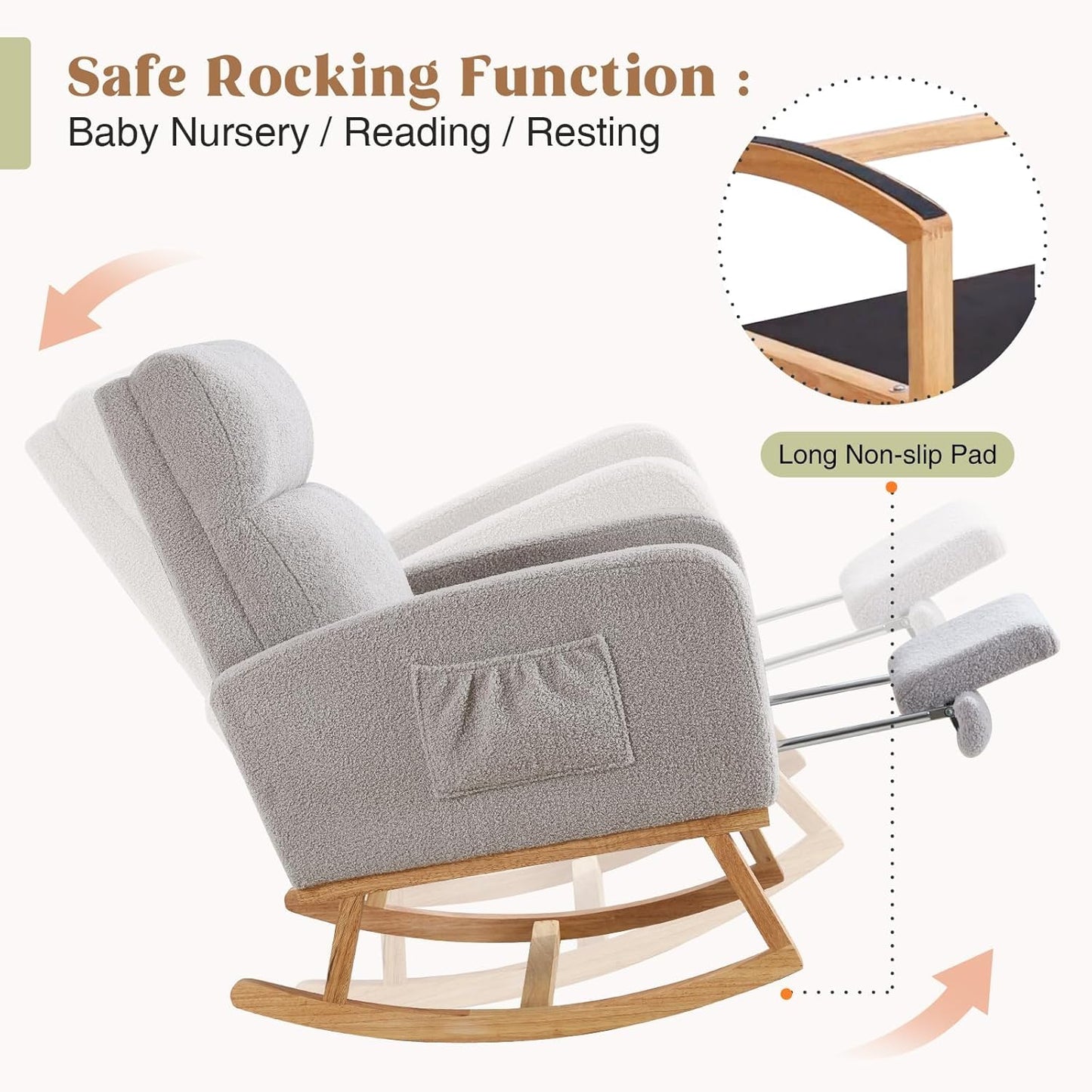 HCHAIRH Rocking Chair Nursery, Nursing Rocking Chairs with Foot Rest for Mom Nursery, Glider Rocker Chair with Footrest and High Backrest for Living Room, Bedroom, Beige