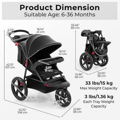 INFANS Jogging Stroller, Foldable Jogger with Air-Filled Tires Shock Absorbing Suspension Adjustable Backrest, Baby Running Strollers