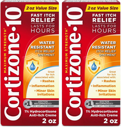 Cortizone-10 Maximum Strength Water Resistant Itch Relief Ointment, 1% Hydrocortisone, Fast-Acting, Anti-Itch Cream for Bug Bites, Rash, Eczema, Psoriasis, Poison Ivy, Oak, Sumac & More, 2 oz