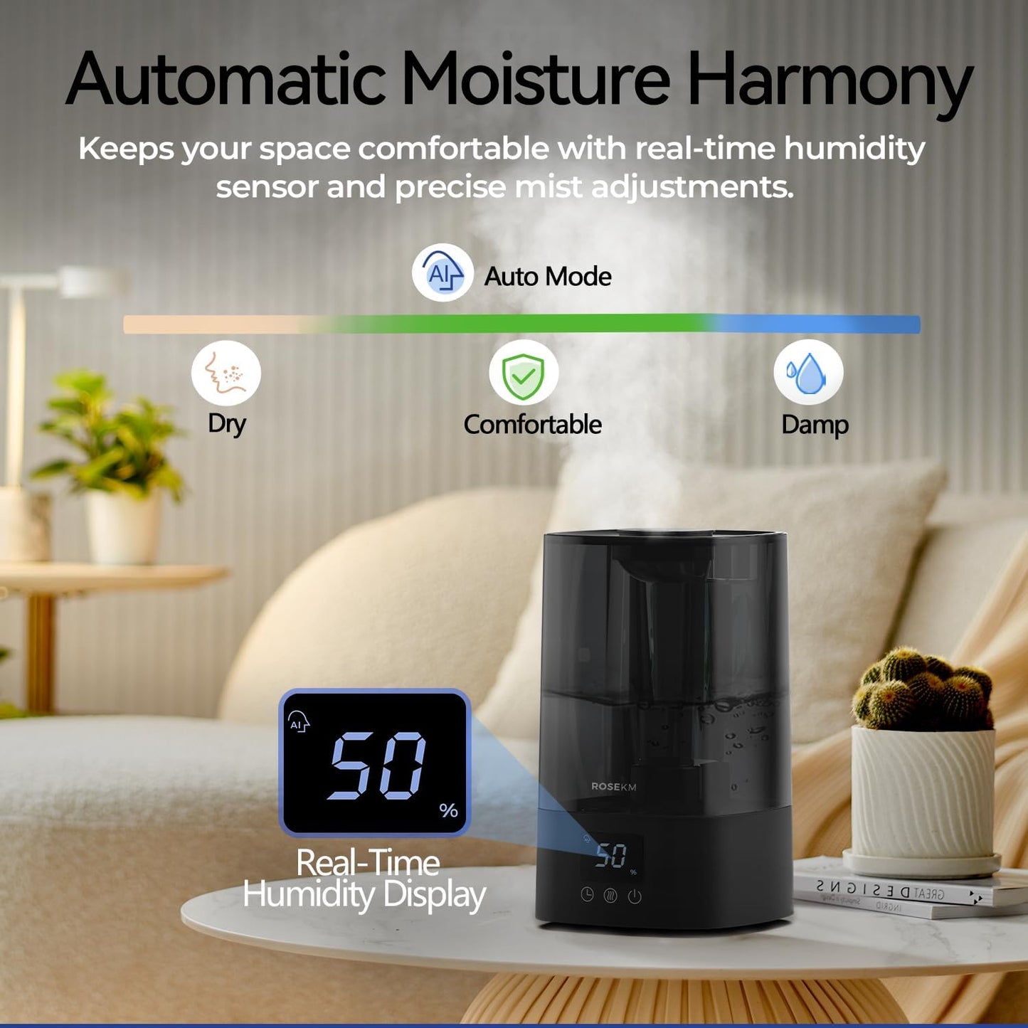 ROSEKM Humidifiers for Bedroom, 2.0L Cool Mist Humidifier for Home Plant and Baby Nursery, Quiet Ultrasonic Humidifier with 360° Nozzle, Auto Shut-Off, Filterless, Black
