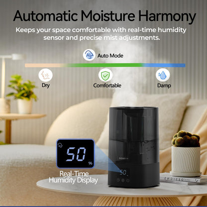 ROSEKM Humidifiers for Bedroom, 2.0L Cool Mist Humidifier for Home Plant and Baby Nursery, Quiet Ultrasonic Humidifier with 360° Nozzle, Auto Shut-Off, Filterless, Black