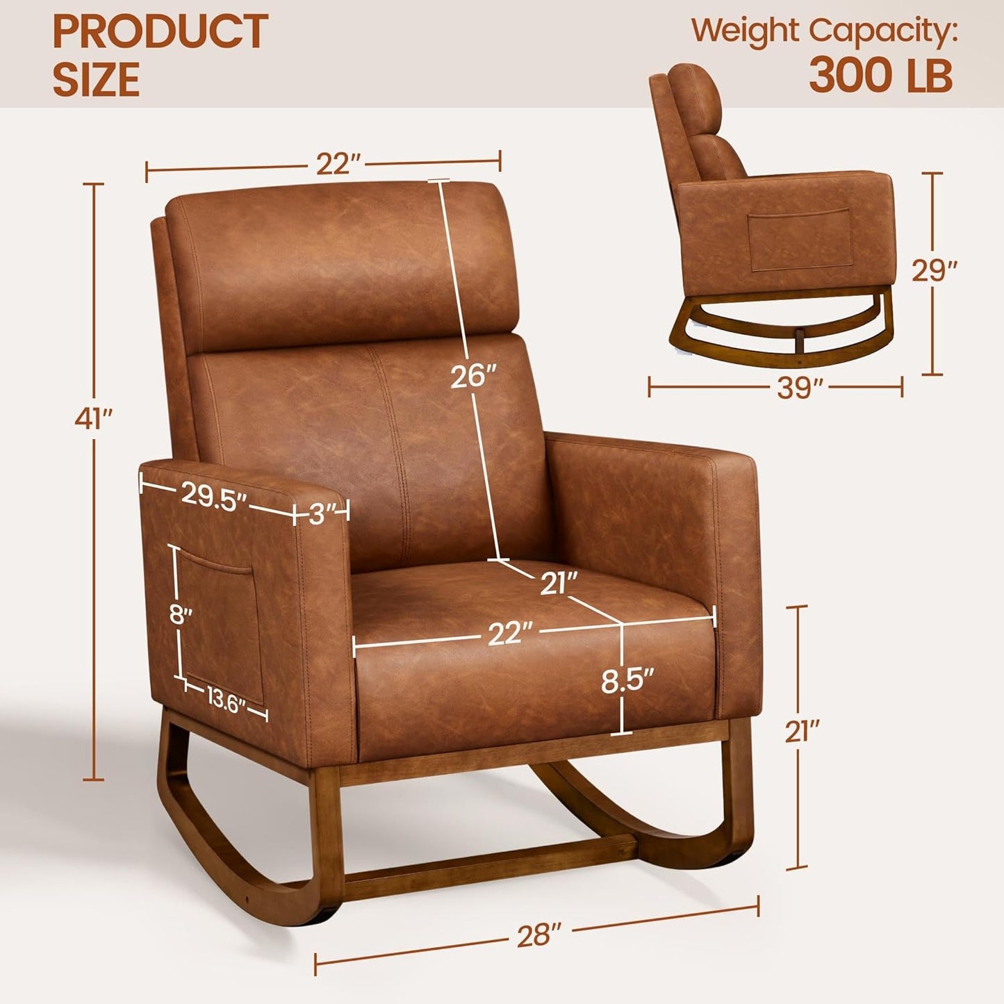 Yaheetech Upholstered Rocking Chair, Boucle Glider Chair Nursery Chair with High Back and Side Pocket, Rocking Accent Armchair with Rubber Wood Legs for Living Room/Bedroom/Nursery, Ivory
