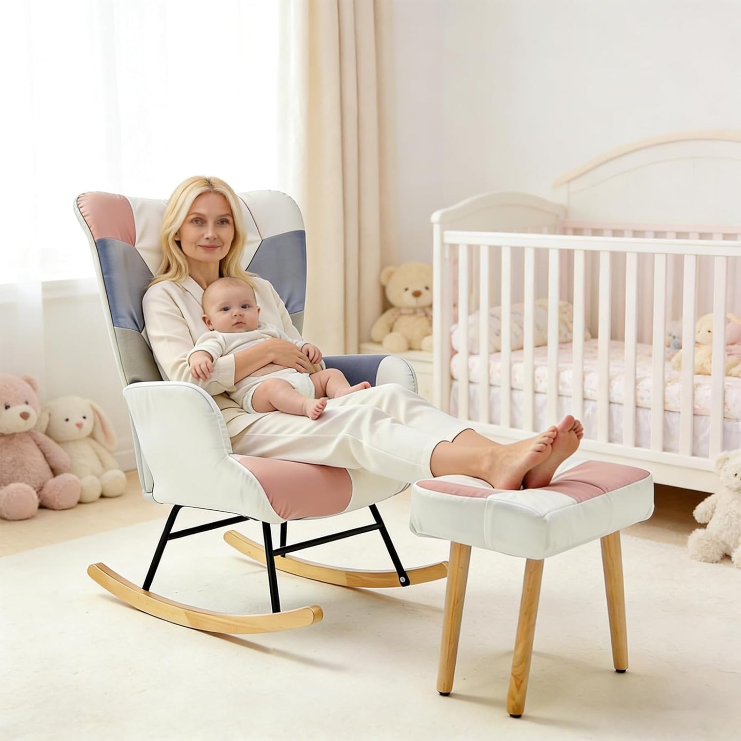 Nursery Rocking Chair, Baby Toddler Glider Rocker with Ottoman, Comfy Accent Chair, for Bedroom Living Room Small Spaces, Patchwork Linen, Colorful