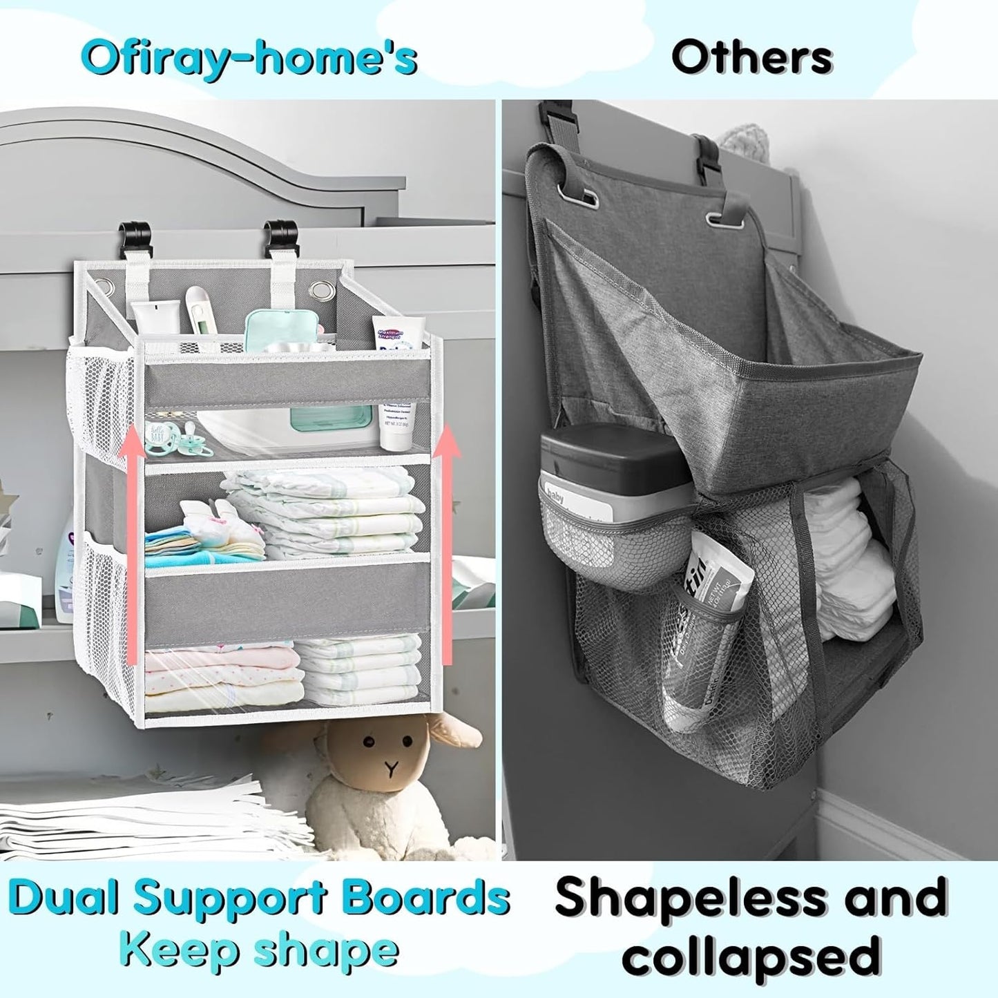 Ofiray-home Hanging Diaper Organizer for Changing Table,Cribs,Car,Playard or Wall & Nursery Organization-Durable 2-Tier Diaper Organizer with Mesh Pockets and Viewable Design, Won't Deform, Light Gray