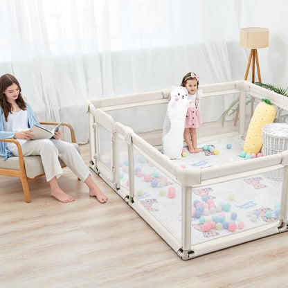 Sweeby Foldable Baby Playpen, Baby Gate Playpens for Babies and Toddlers 79x71 Extra Large Play Yard with Door Fence with Mat and Indoor Play Pen,Light Grey
