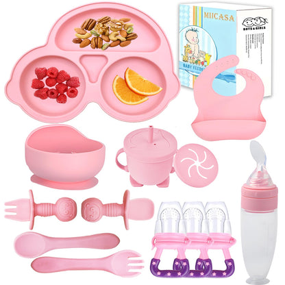 Silicone Baby Feeding Set,Miicasa Baby Led Weaning Supplies Kit With Suction Bowl & Car Plate, Bib, Spoon, Fork, Cup - Food-Grade Silicone, Dishwasher-Safe, No BPAs - For 3+ Months