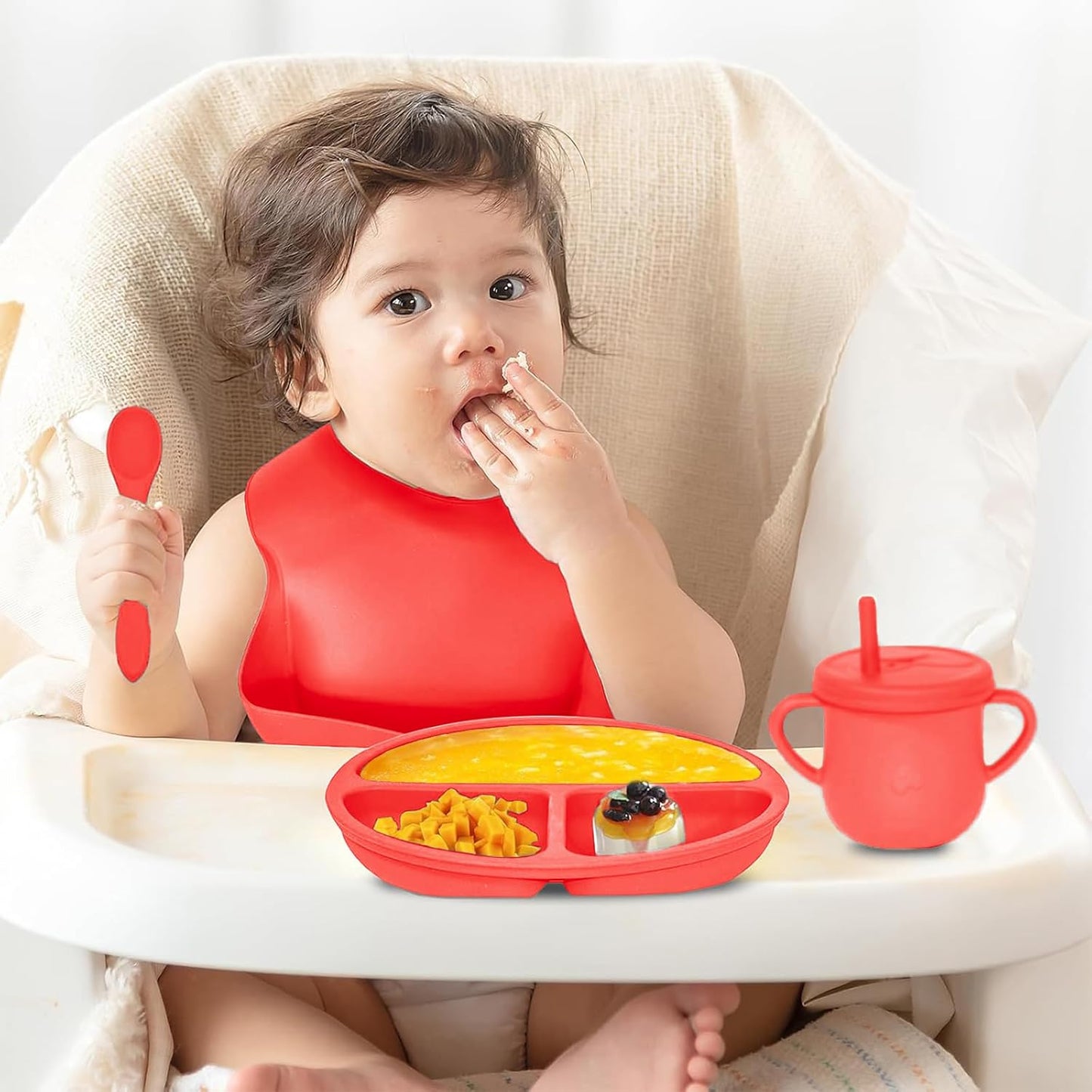 100% Silicone Baby Feeding Set, BPA Free Baby Dishes with Suction Bowl, Divided Plate, Toddler Self Feeding Dish Set with Spoons, Forks, Sippy Cup and Bib, Baby Eating Utensils (Navy Blue)