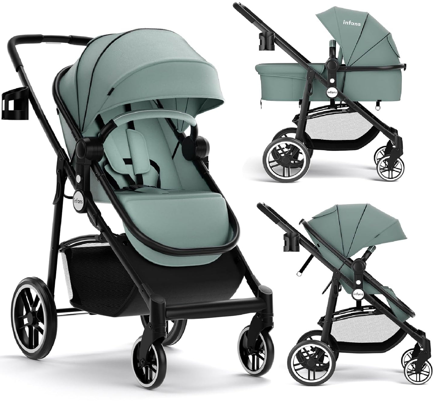 INFANS 2 in 1 Baby Stroller, High Landscape Infant Stroller & Reversible Bassinet Pram, Foldable Pushchair with Adjustable Canopy, Storage Basket, Cup Holder, Suspension Wheels (Black)
