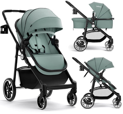 INFANS 2 in 1 Baby Stroller, High Landscape Infant Stroller & Reversible Bassinet Pram, Foldable Pushchair with Adjustable Canopy, Storage Basket, Cup Holder, Suspension Wheels (Black)