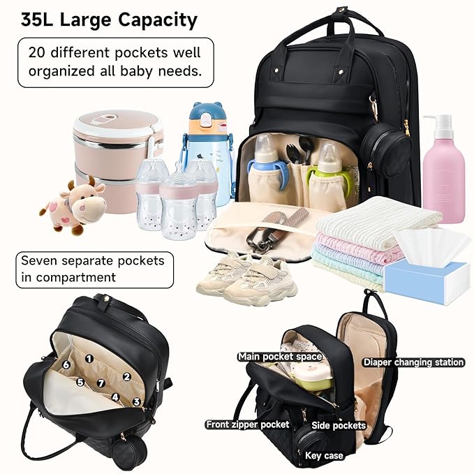 ANWTOTU Leather Baby Diaper Bags with Changing Station,Extra large Capacity Baby Diaper Bag Backpack,Waterproof Baby Essentials(Black)