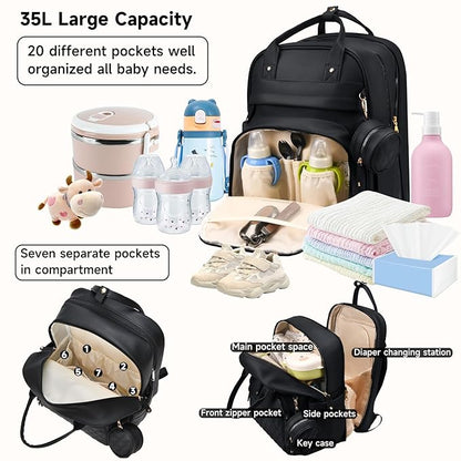 ANWTOTU Leather Baby Diaper Bags with Changing Station,Extra large Capacity Baby Diaper Bag Backpack,Waterproof Baby Essentials(Black)