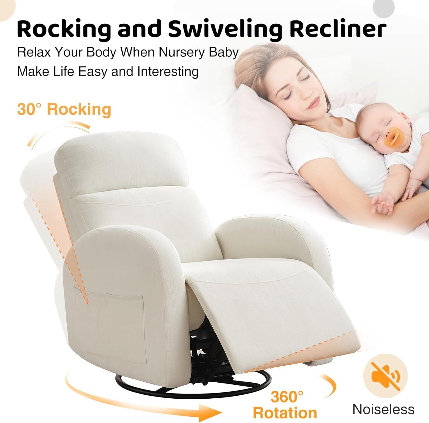 Nursery Glider Recliner, Power Swivel Rocking Recliner with USB & Type-C Port, Swivel Nursering Reclining Rocker with Double Pockets for Living Room, Camel Chenille