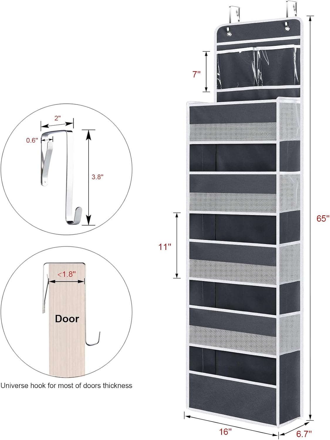 Univivi Over The Door Organizer, 5 Shelf Door Hanging Organizer Nursery Door Storage with 4 Large Compartments and 2 Small PVC Pockets 6 Side Pockets for Bathroom,Cosmetics and Nursery Baby Essential