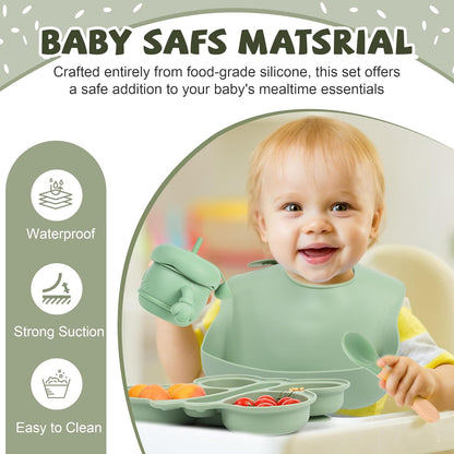 Silicone Baby Feeding Set, Baby Led Weaning Supplies, Baby Food Tableware Silicone Suction Plate, Bowl, Spoons, Fork, Waterproof Bib, Cup & Complementary Food Cake Mold, Baby Eating Utensils