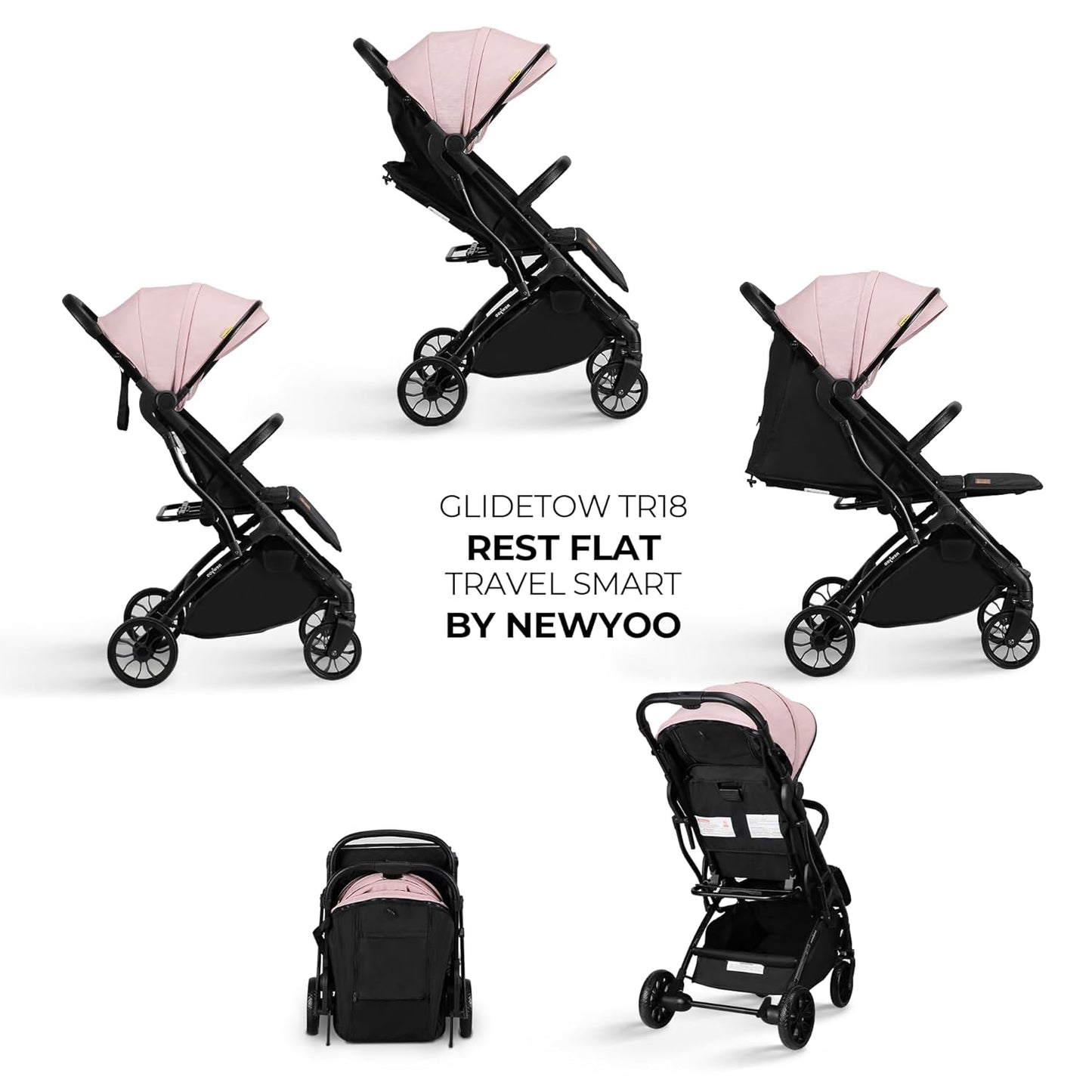 newyoo GlideTow TR18M Compact Travel Stroller for Infant, Lightweight Foldable Baby Stroller with Luggage Handle & Cup Holder, One-Hand Easy Fold, Near Lay Flat Recline Seat, Green