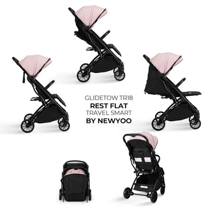 newyoo GlideTow TR18M Compact Travel Stroller for Infant, Lightweight Foldable Baby Stroller with Luggage Handle & Cup Holder, One-Hand Easy Fold, Near Lay Flat Recline Seat, Green