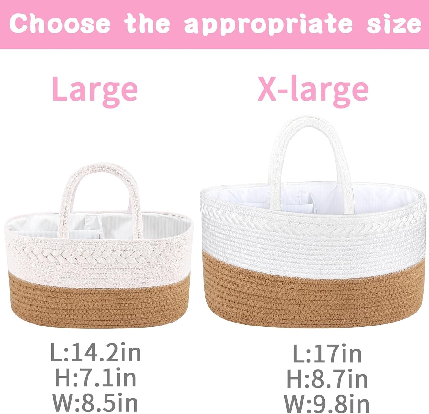 ABenkle Baby Diaper Caddy, Nursery Storage Bin and Car Organizer for Diapers and Baby Wipes, Cotton Rope Diaper Basket Caddy, Changing Table Diaper Storage Caddy