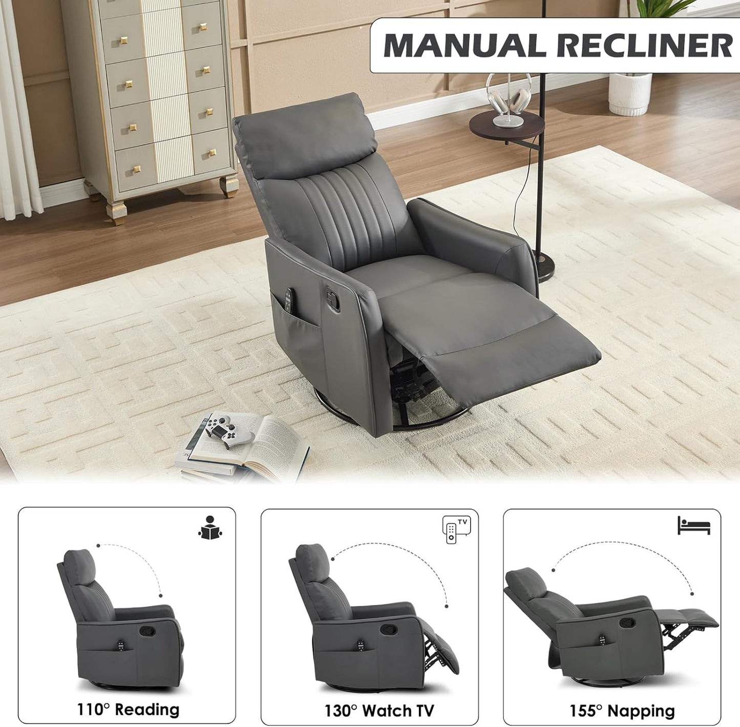 Trustyue Swivel Rocker Recliner Chair, 360° Swivel Recliner with Heat and Massage, Rocker Recliner Nursery Glider Chair with Side Pockets for Living Room (Beige, Fabric)