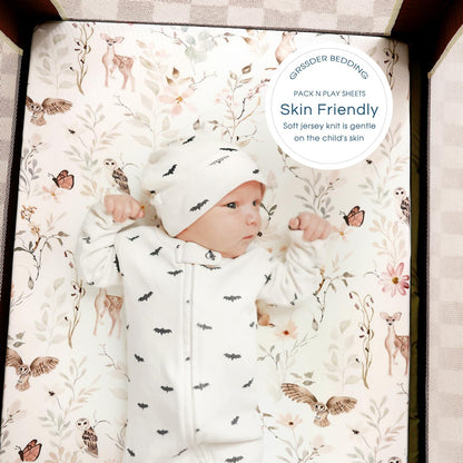 GRSSDER Stretch Ultra Soft Jersey Knit Fitted Pack n Play Playard Sheets Set 2 Pack，Fits Portable/Mini Cribs Sheets, Playards Mattress Pads, Stylish Watercolor Animals for Baby, Mint Green