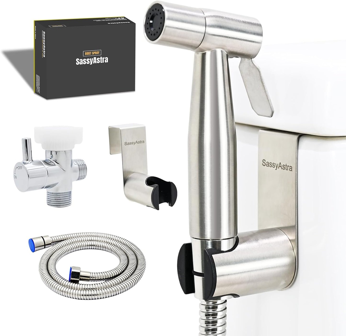 Handheld Toilet Bidet Sprayer — Adjustable Water Pressure, with Hose, Feminine & Pet Wash Kit, Bathroom Hygiene Attachment for Cloth Diaper Cleaning (Quick Install, Stainless Steel)