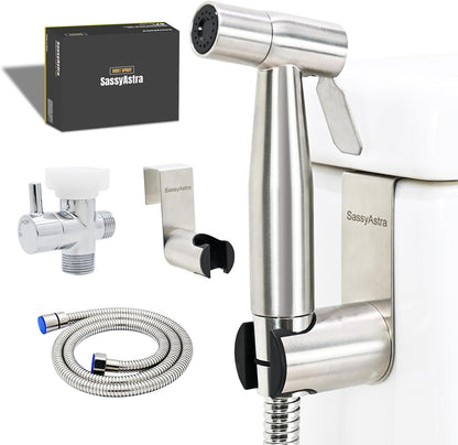 Handheld Toilet Bidet Sprayer — Adjustable Water Pressure, with Hose, Feminine & Pet Wash Kit, Bathroom Hygiene Attachment for Cloth Diaper Cleaning (Quick Install, Stainless Steel)