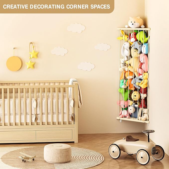 Stuffed Animal Storage Shelf Organizer(Patented) - Corner Stuffed Animal Holder Length Adjustable - Wall Plush Storage for Nursery Playroom Bedroom Kids Room (Beige, Standard)