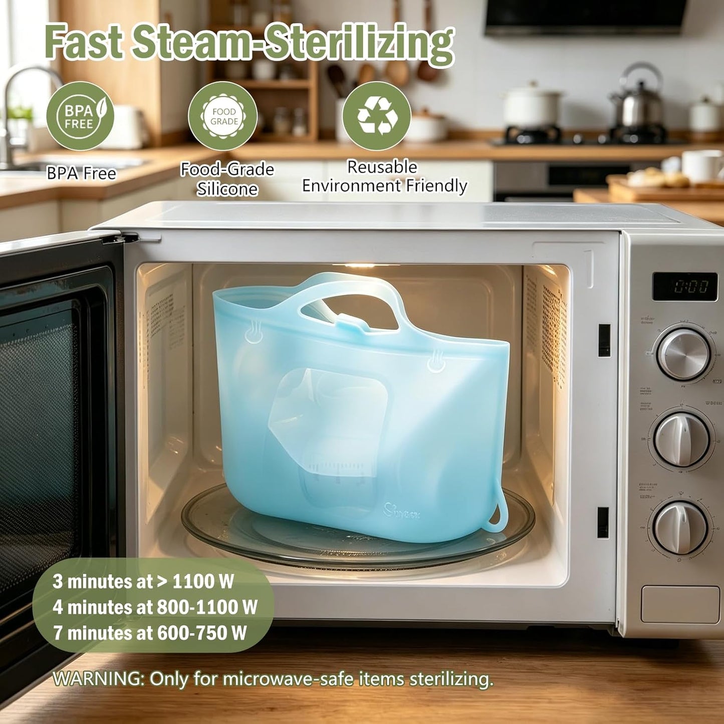 Silicone Travel Bottle Sterilizer Bags | 2000ml Microwave Steam Sterilizer Bags for Baby Bottles, Breast Pump & Pacifiers, Reusable Steam Sterilizing Bags for Travel and Home Use (Clear Milk White)
