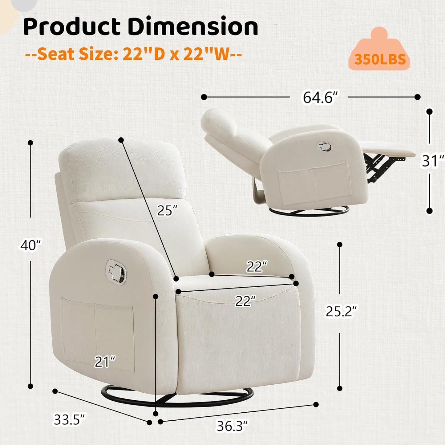 Swivel Rocker Recliner Chair, Rocking Recliner for Nursery with Side Pockets, Manual Swivel Reclining Nursery Glider Chair for Breastfeeding Living Room, Camel Chenille