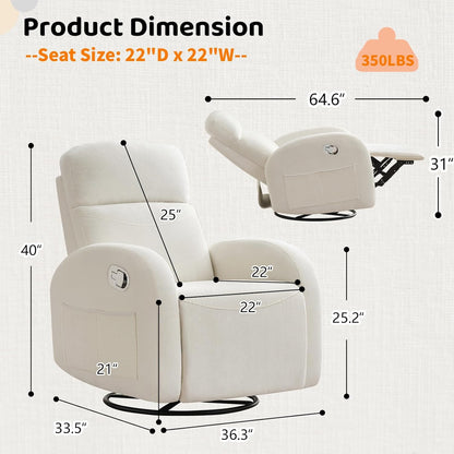 Swivel Rocker Recliner Chair, Rocking Recliner for Nursery with Side Pockets, Manual Swivel Reclining Nursery Glider Chair for Breastfeeding Living Room, Camel Chenille