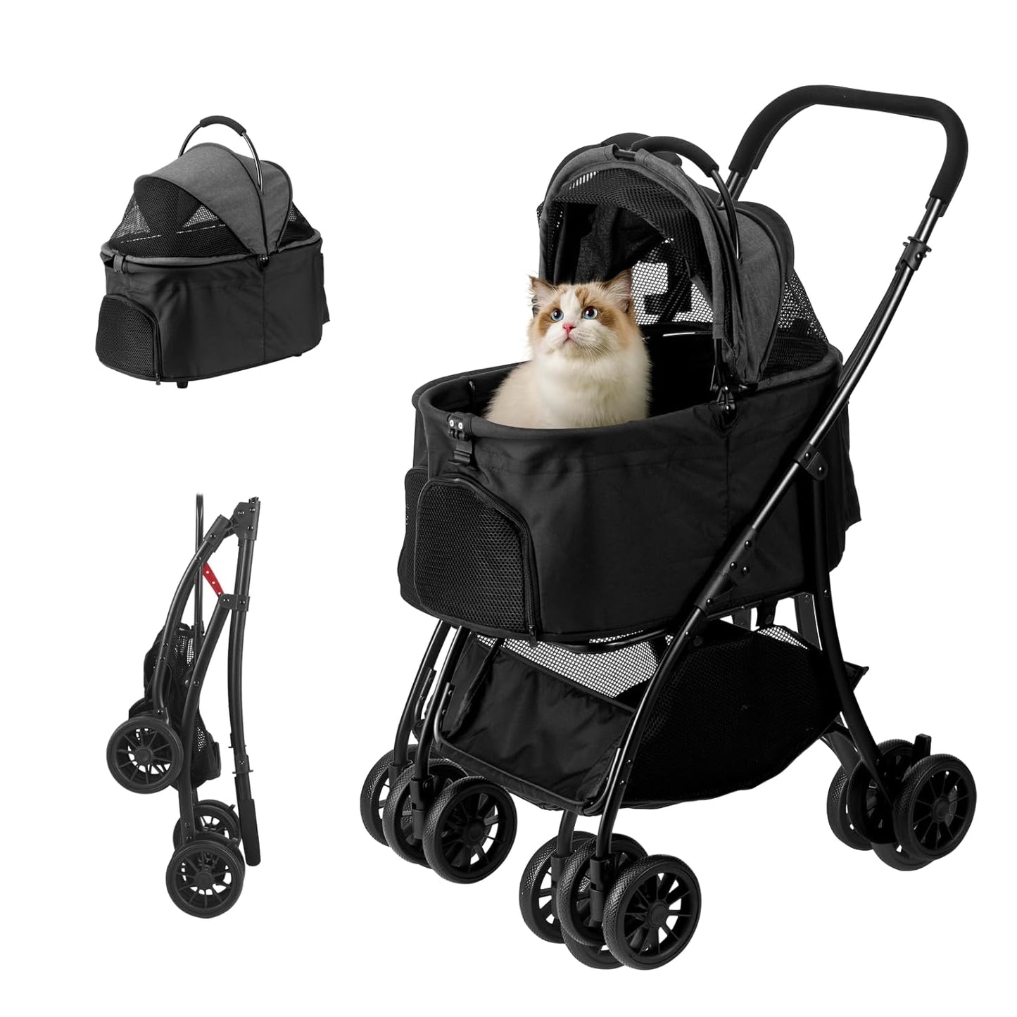 Pet Stroller Quickly Folds for Easy Storage Cat Stroller with Detachable Carrier Thickened Oxford Cloth Breathable Basket Dog Strollers for Small Dogs (Black)