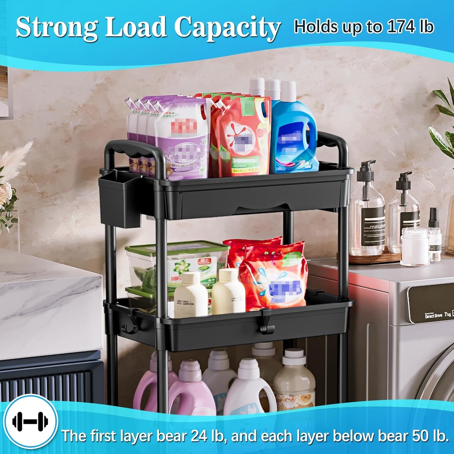 SUNALLY 3 Tier Rolling Cart with Drawer, Bathroom Storage Organizer with 2 Lockable Wheels, Multifunctional Rolling Storage Cart for Bathroom, Kitchen, Office, Craft, Makeup, Baby Essentials, White