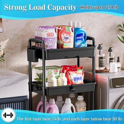 SUNALLY 3 Tier Rolling Cart with Drawer, Bathroom Storage Organizer with 2 Lockable Wheels, Multifunctional Rolling Storage Cart for Bathroom, Kitchen, Office, Craft, Makeup, Baby Essentials, White
