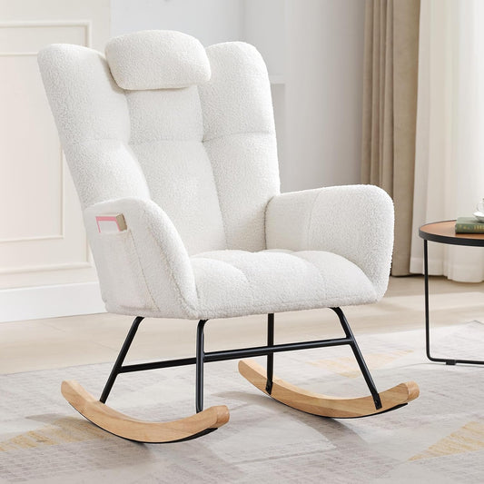 Teddy Glider Rocker, Nursery Nursing Chair for Adults, Compact Space-Saving Rocking Chair for Living Room, Bedroom & Small Spaces,Brown