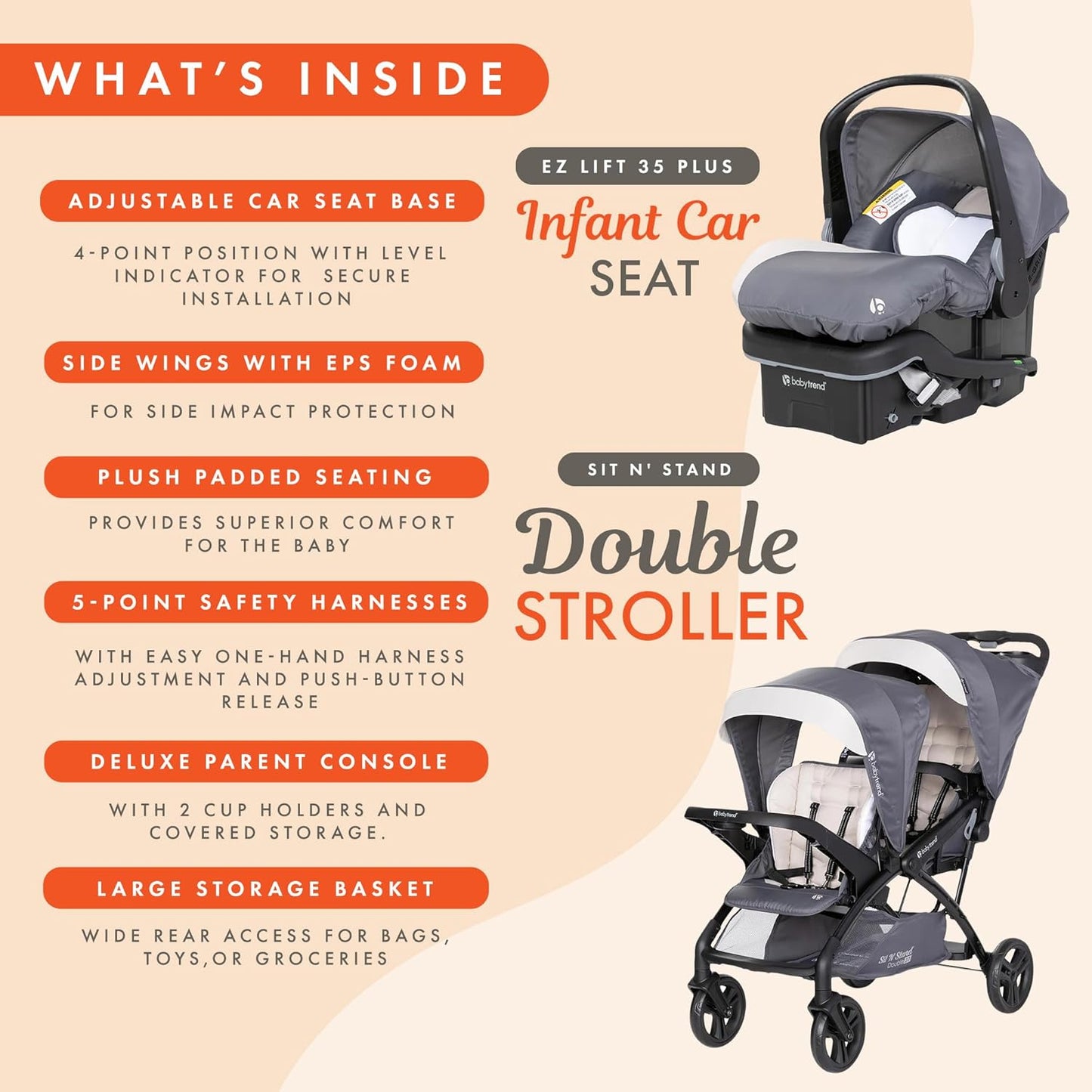 Baby Trend Sit N' Stand Tandem Double Stroller 2.0 DLX and EZ-Lift Plus Car Seat Set with 5 Point Safety Harnesses and Cozy Cover, Modern Khaki