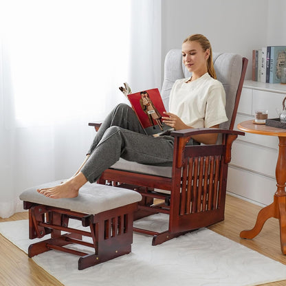 Rustic Rubber Wood Glider and Ottoman Set, Nursery Glider Chair for Breastfeeding and Relaxing, Comfortable Rocking Chair for Living Room and Bedroom（Tan）