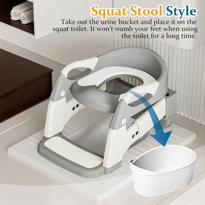 Potty Training Seat 3-in-1 Toddler Toilet Ladder (Toilet, Ladder, Squatting Aid) for Children Boys Girls with Removable Cushion, Anti-Splash & Foldable Design - Grey