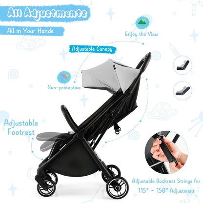 HONEY JOY Lightweight Baby Stroller, Compact Travel Stroller for Airplane, Fits Airplane Cabin & Overhead, One-Hand Gravity Fold, Self-Standing Toddler Stroller w/Adjustable Backrest/Canopy(Pink)