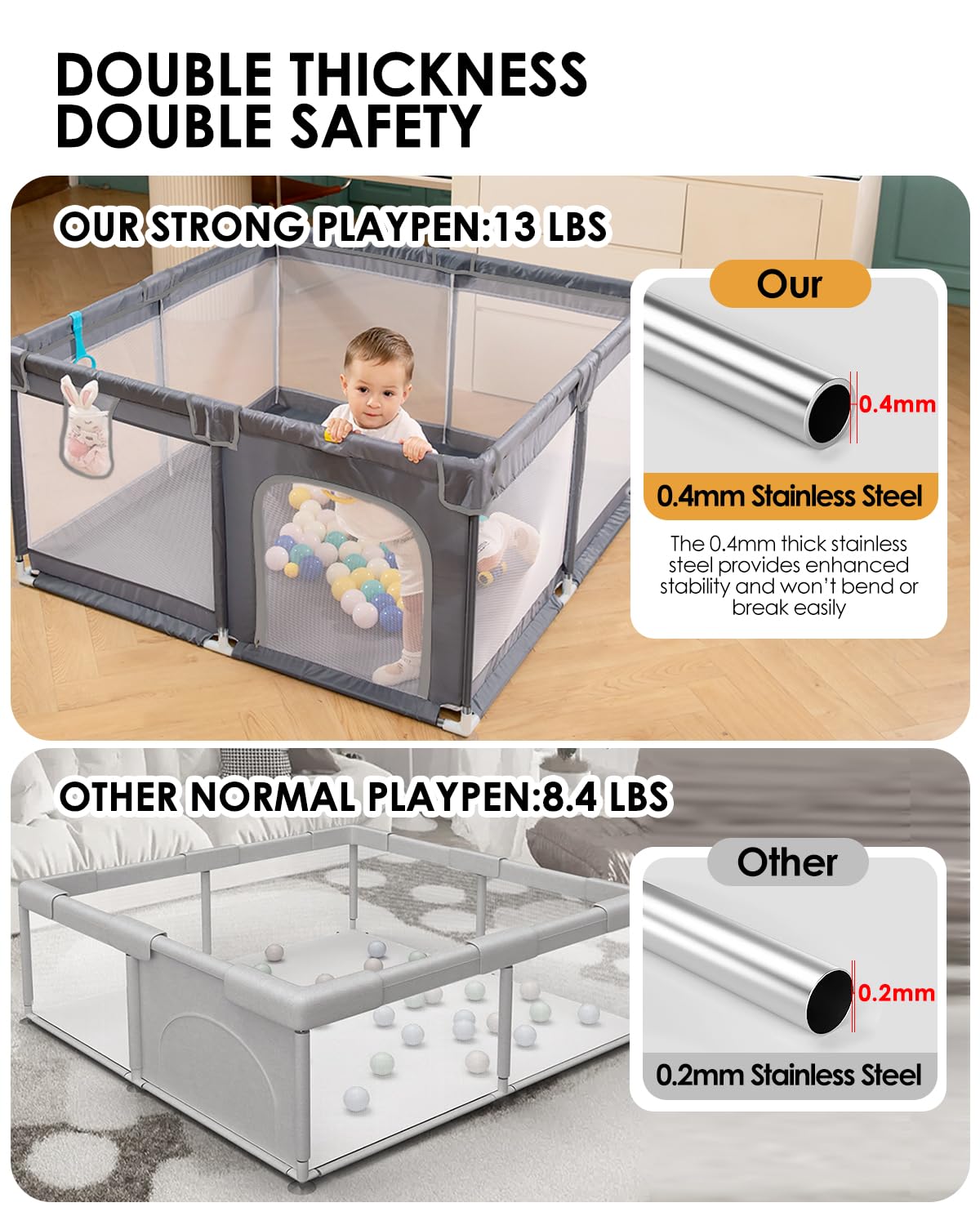 Baby Playpen with Mat, 71" x 59" Extra Large Play Yard for Babies and Toddlers, Baby Fence with Soft Thick Play Mat, Indoor Safety Activity Center for Infants, Easy to Assemble and Clean（Gray）