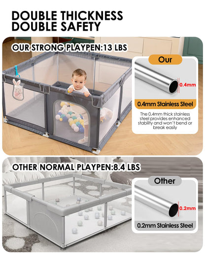 Baby Playpen with Mat, 71" x 59" Extra Large Play Yard for Babies and Toddlers, Baby Fence with Soft Thick Play Mat, Indoor Safety Activity Center for Infants, Easy to Assemble and Clean（Gray）
