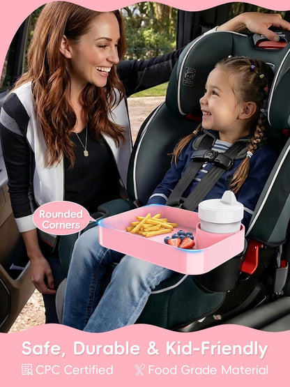 Car Seat Cup Holder Snack Tray for Kids, Reduces Mess, Detachable Large Base & Adjustable Ring, Carseat Tray for Toddler, Car Seat Food Tray Table for Kid Travel Road Trip Essentials -Light Gray