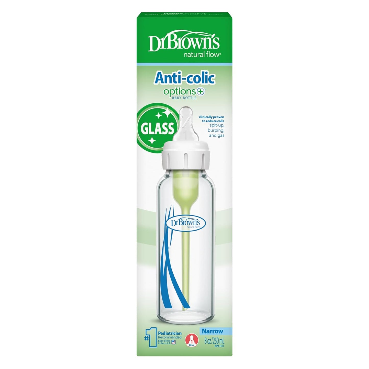 Dr. Brown's Anti-Colic Options+ Narrow Glass Baby Bottle with Level 1 Slow Flow Nipple, BPA-Free, 8 oz/250 mL, 0m+, 4-Pack (Packaging May Vary)