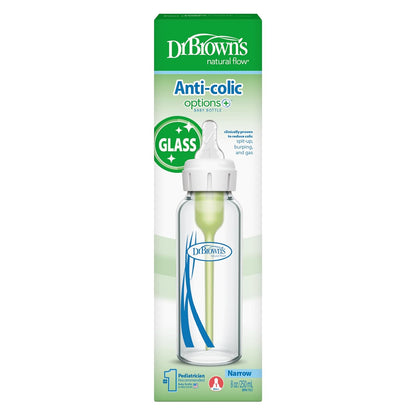 Dr. Brown's Anti-Colic Options+ Narrow Glass Baby Bottle with Level 1 Slow Flow Nipple, BPA-Free, 8 oz/250 mL, 0m+, 4-Pack (Packaging May Vary)