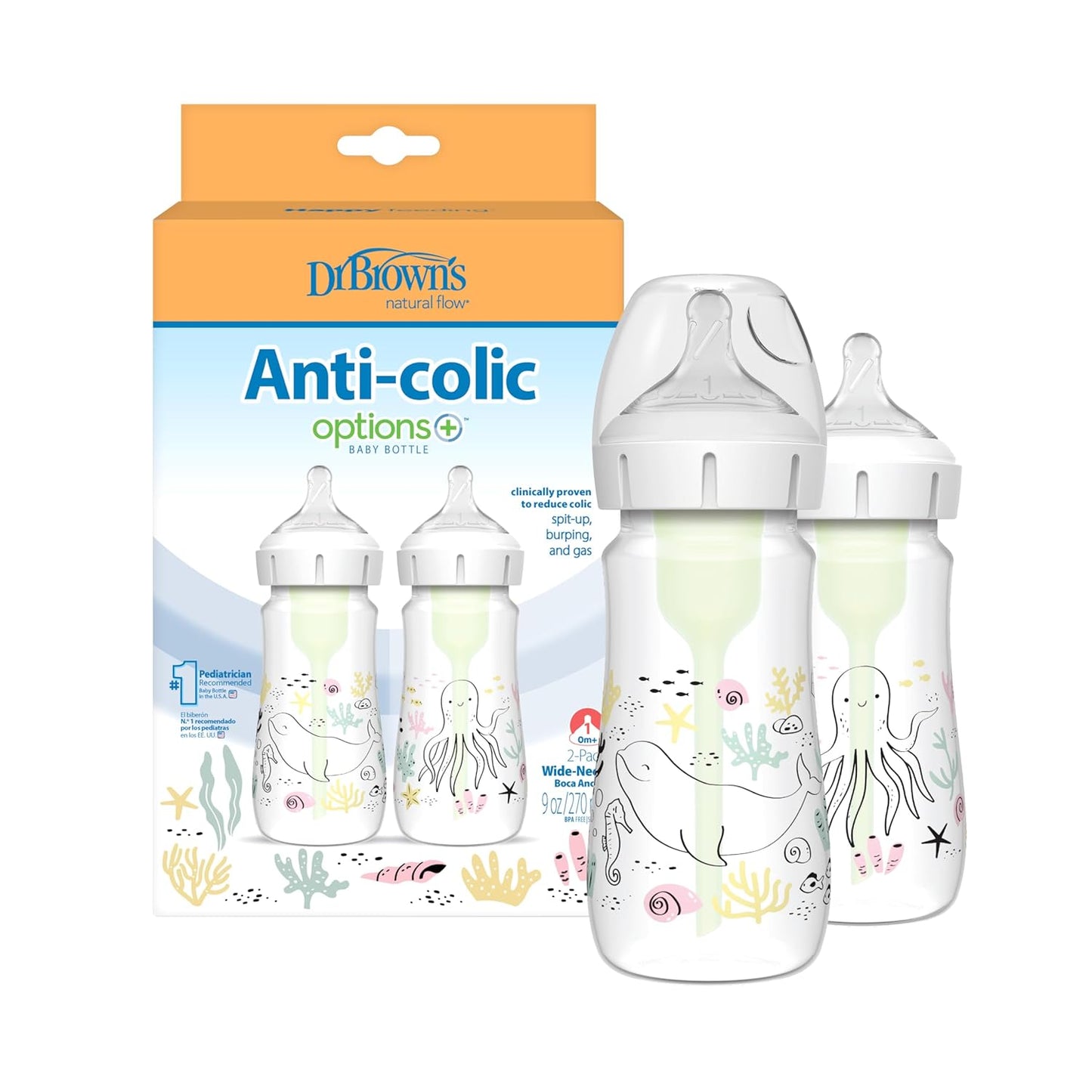 Dr. Brown's Anti-Colic Options + Wide-Neck Baby Bottle Designer Edition Dino Decos, 9oz/270mL, Level 1 Slow Flow Nipple, BPA-Free, 0m+, 2-Pack