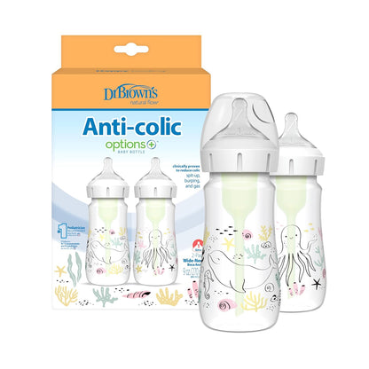 Dr. Brown's Anti-Colic Options + Wide-Neck Baby Bottle Designer Edition Dino Decos, 9oz/270mL, Level 1 Slow Flow Nipple, BPA-Free, 0m+, 2-Pack