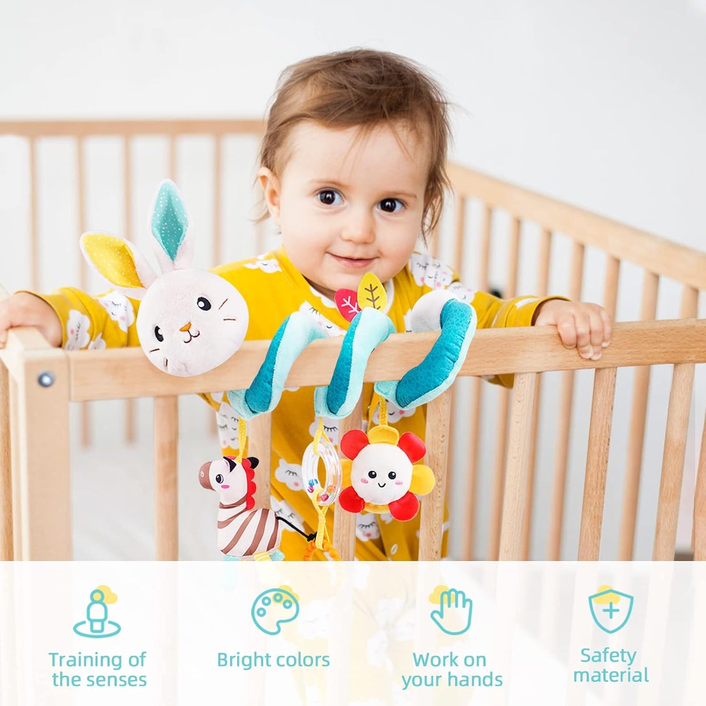 Koty Car Seat Toys, Infant Baby Spiral Plush Activity Hanging Toy for Stroller Bar Pram Crib with Music Box BB Squeaker & Rattles(Black Fox)