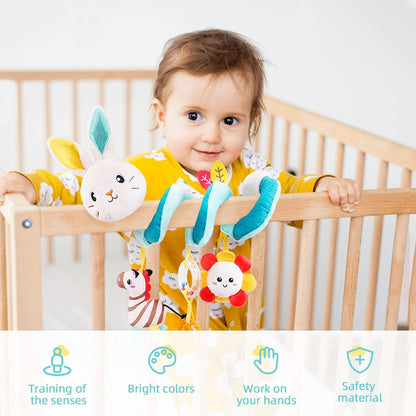 Koty Car Seat Toys, Infant Baby Spiral Plush Activity Hanging Toy for Stroller Bar Pram Crib with Music Box BB Squeaker & Rattles(Black Fox)